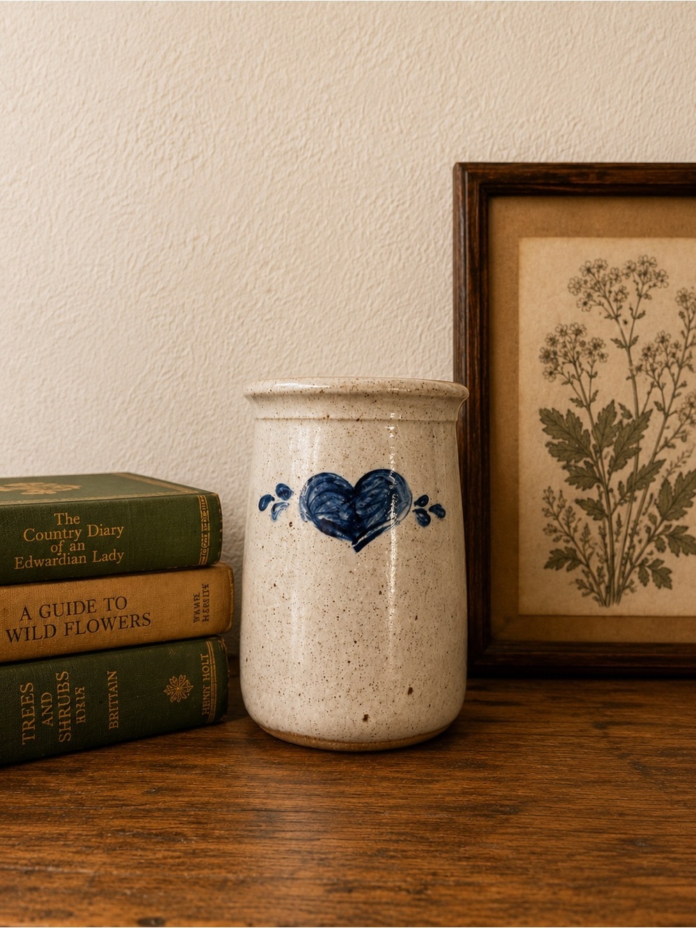 Handmade Blue Heart Stoneware Crock | Signed Pottery Vase
